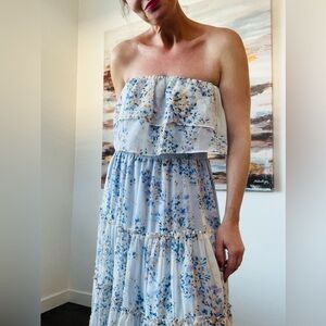 1. STATE White Blue Floral Strapless Smocked Tiered Maxi Dress LARGE